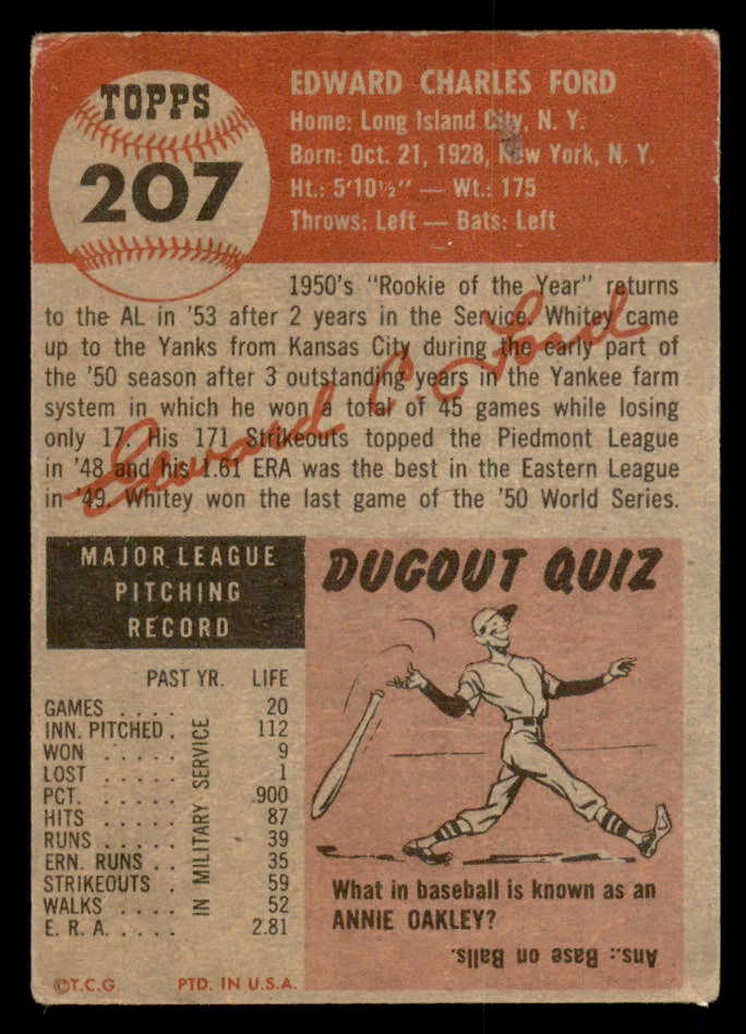 1953 Topps Baseball #207 Whitey Ford Yankees VG 547013