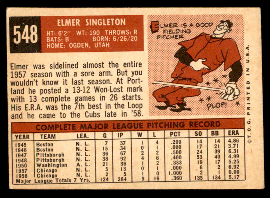 1959 Topps Baseball #548 Elmer Singleton Cubs VG-EX 547047