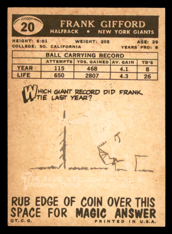 1959 Topps Football #020 Frank Gifford Giants EX+/EX-MT 547130