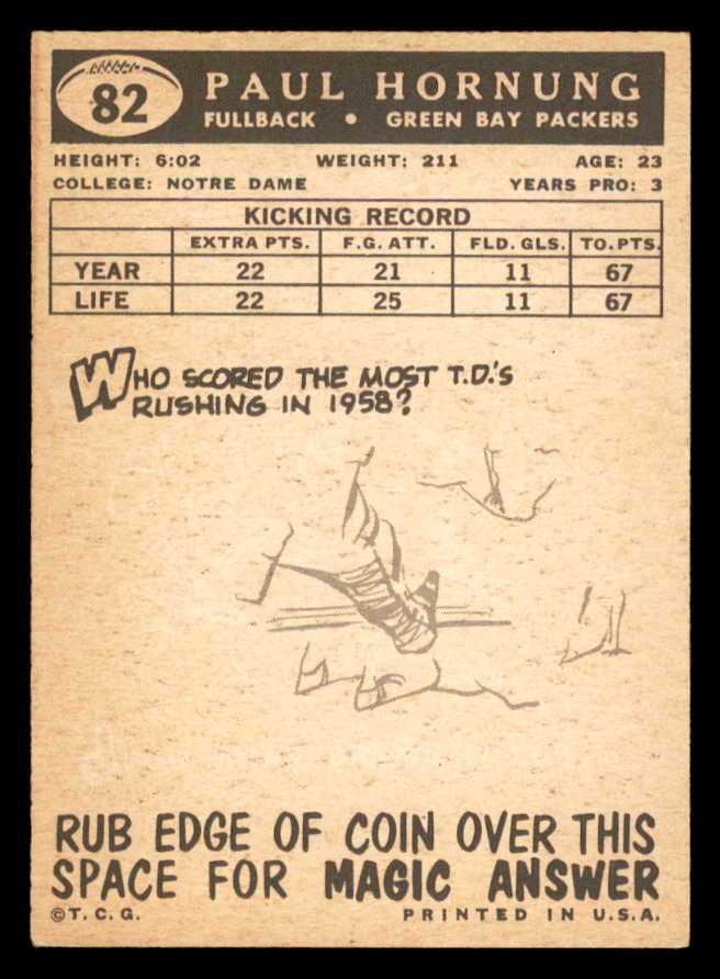 1959 Topps Football #082 Paul Hornung Packers EX-MT 547131