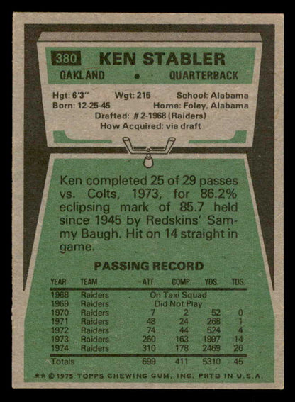 1975 Topps Football #380 Ken Stabler Raiders EX+/EX-MT 547134