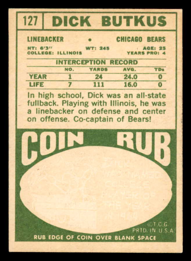 1968 Topps Football #127 Dick Butkus Bears VG-EX 547144