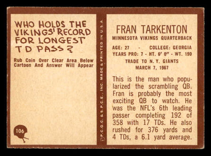 1967 Philadelphia Football #106 Fran Tarkenton Vikings VG-EX 547147