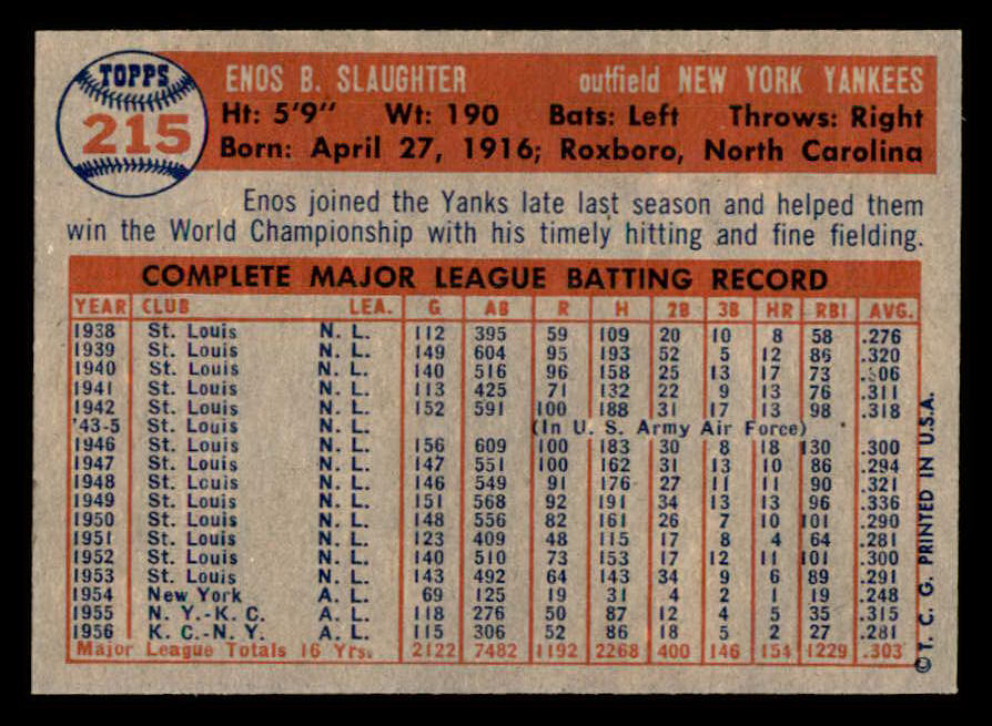 1957 Topps Baseball #215 Enos Slaughter Yankees EX-MT 547189