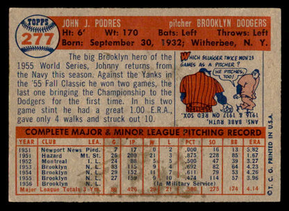 1957 Topps Baseball #277 Johnny Podres Dodgers EX+/EX-MT 547193