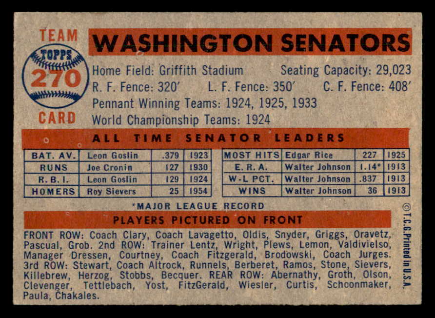 1957 Topps Baseball #270 Washington Senators Team EX-MT 547207