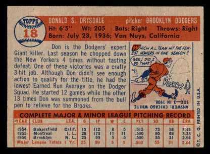 1957 Topps Baseball #018 Don Drysdale Dodgers EX-MT 547213