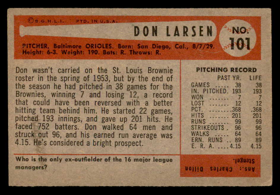 1954 Bowman Baseball #101 Don Larsen Orioles VG-EX 547237