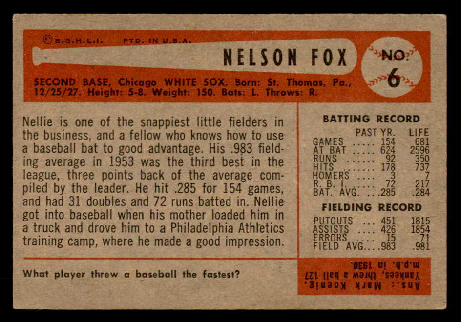 1954 Bowman Baseball #006 Nellie Fox White Sox VG-EX 547238