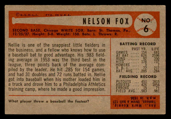 1954 Bowman Baseball #006 Nellie Fox White Sox VG-EX 547238