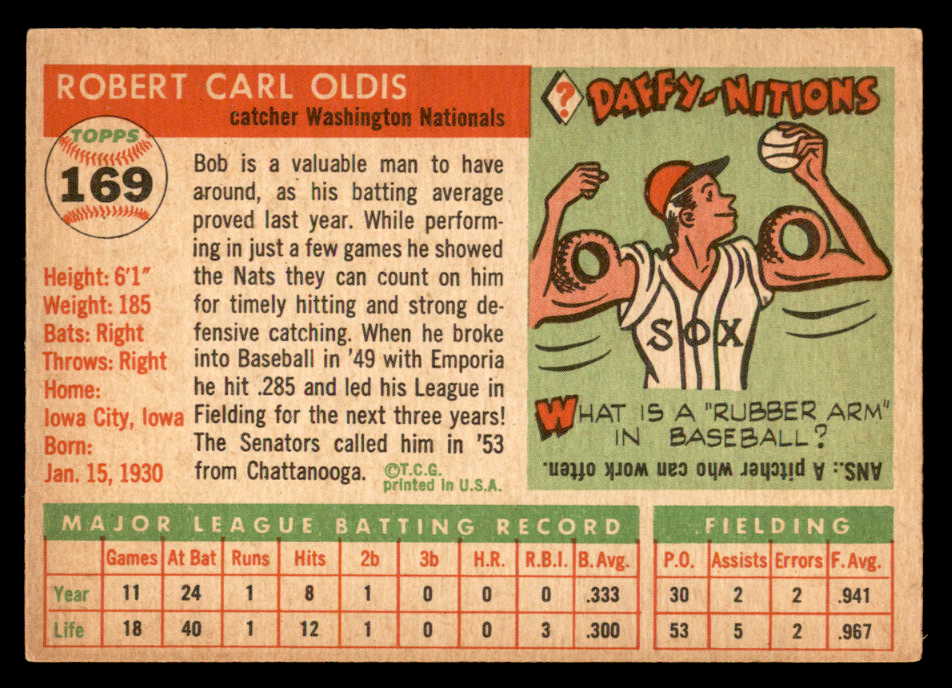 1955 Topps Baseball #169 Bob Oldis Senators EX 547249