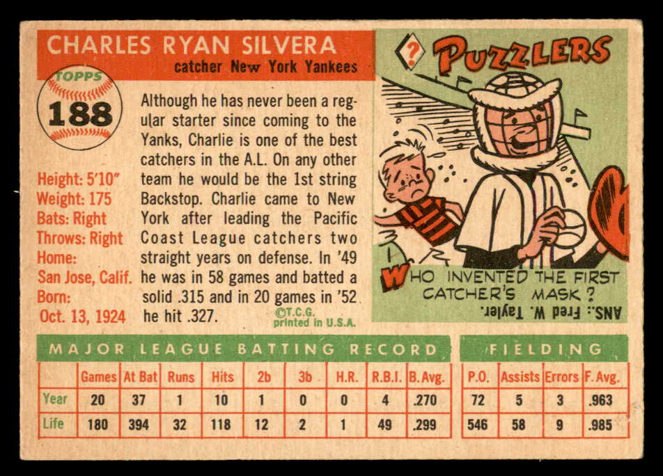 1955 Topps Baseball #188 Charlie Silvera Yankees VG-EX 547264