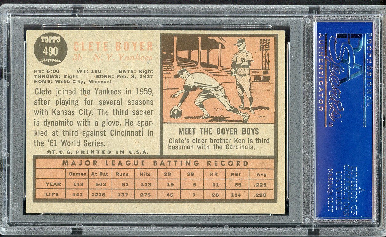 1962 Topps Baseball #490 Clete Boyer Yankees PSA 6 EX-MT 547590
