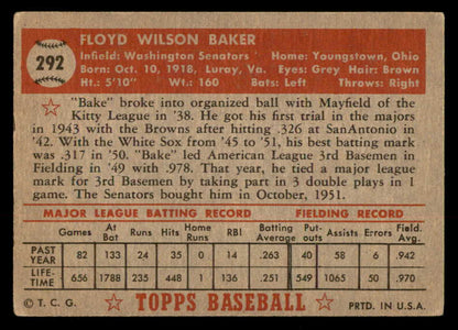 1952 Topps Baseball #292 Floyd Baker Senators VG-EX 547639