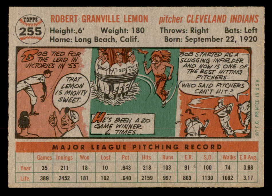 1956 Topps Baseball #255 Bob Lemon Indians NR-MT 547650
