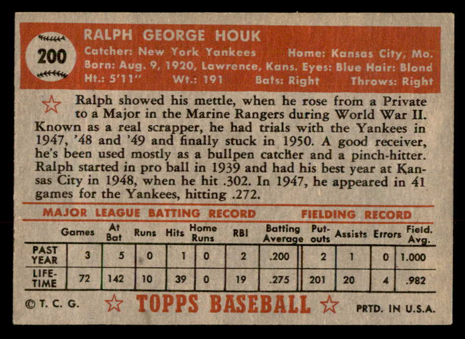 1952 Topps Baseball #200 Ralph Houk Yankees EX+/EX-MT 547651