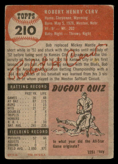 1953 Topps Baseball #210 Bob Cerv Yankees VG-EX 547656