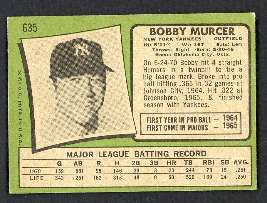 1971 Topps Baseball #635 Bobby Murcer Yankees VG-EX 547659