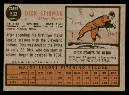 1962 Topps Baseball #532 Dick Stigman Twins EX-MT 547692
