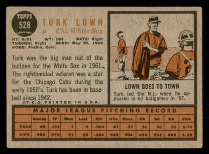 1962 Topps Baseball #528 Turk Lown White Sox EX 547694