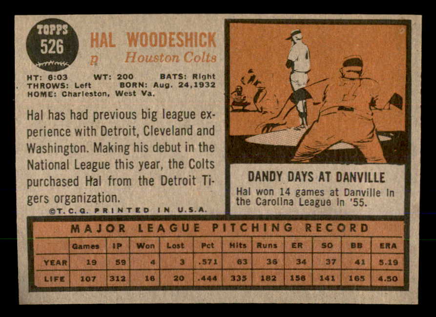 1962 Topps Baseball #526 Hal Woodeshick Colt .45s EX-MT 547695