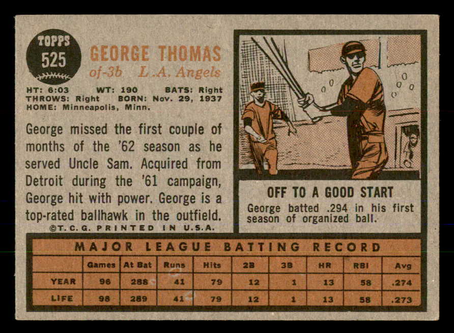 1962 Topps Baseball #525 George Thomas Angels EX-MT 547696