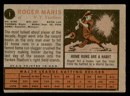 1962 Topps Baseball #001 Roger Maris Yankees VG 547793