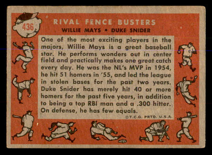 1958 Topps Baseball #436 Willie Mays Duke Snider VG-EX 547806