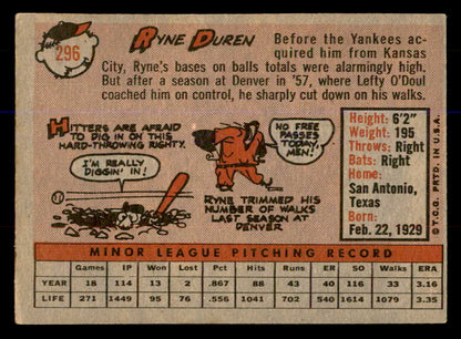 1958 Topps Baseball #296 Ryne Duren Yankees VG-EX 547816