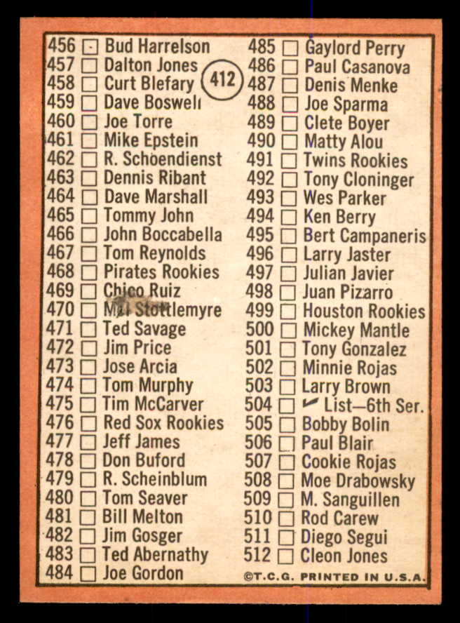 1969 Topps Baseball #412 Checklist 5 Mickey Mantle EX-MT 547848