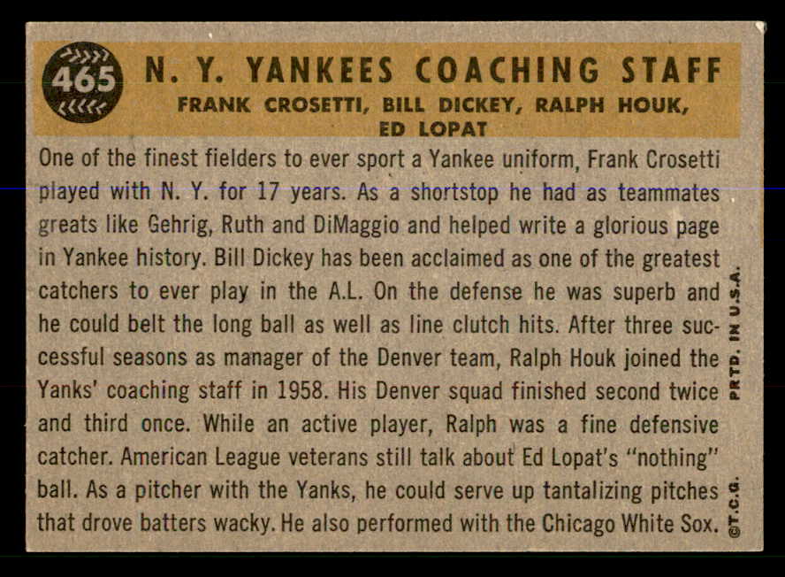 1960 Topps Baseball #465 Bill Dickey Yankees EX-MT 547871