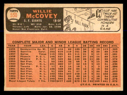1966 Topps Baseball #550 Willie McCovey Giants VG 547885
