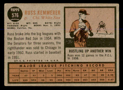 1962 Topps Baseball #576 Russ Kemmerer White Sox VG-EX 548020