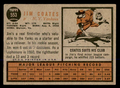 1962 Topps Baseball #553 Jim Coates Yankees VG-EX 548036