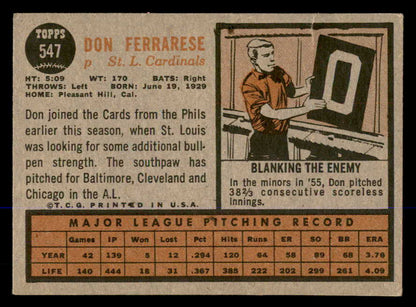 1962 Topps Baseball #547 Don Ferrarese Cardinals VG-EX 548039
