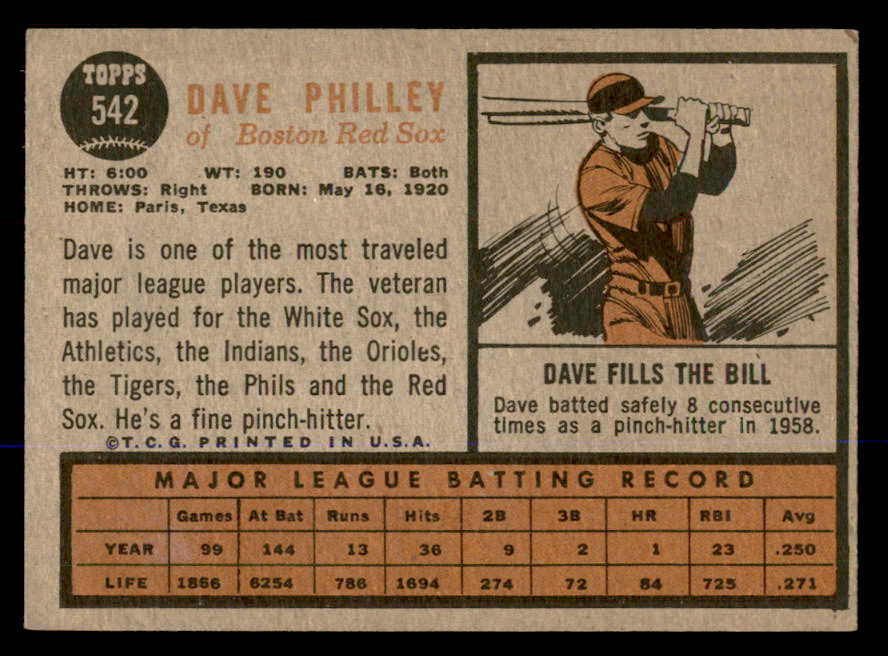 1962 Topps Baseball #542 Dave Philley Red Sox VG-EX 548040