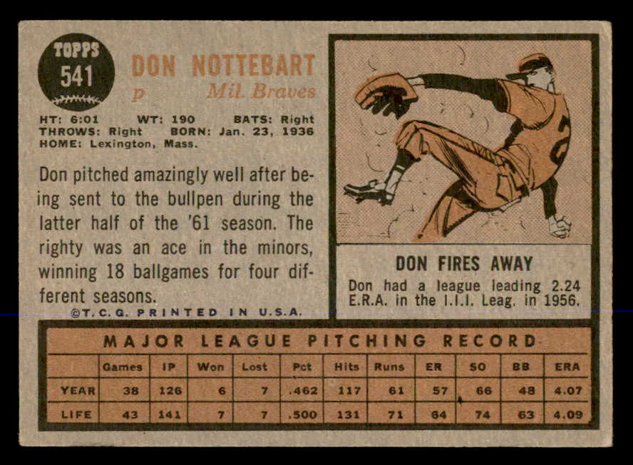 1962 Topps Baseball #541 Don Nottebart Braves VG-EX 548041