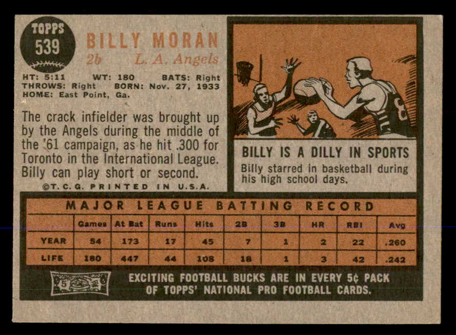 1962 Topps Baseball #539 Billy Moran Angels EX-MT 548042