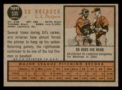 1962 Topps Baseball #535 Ed Roebuck Dodgers EX 548045