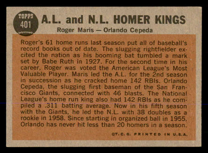 1962 Topps Baseball #401 Roger Maris Orlando Cepeda VG-EX 548047