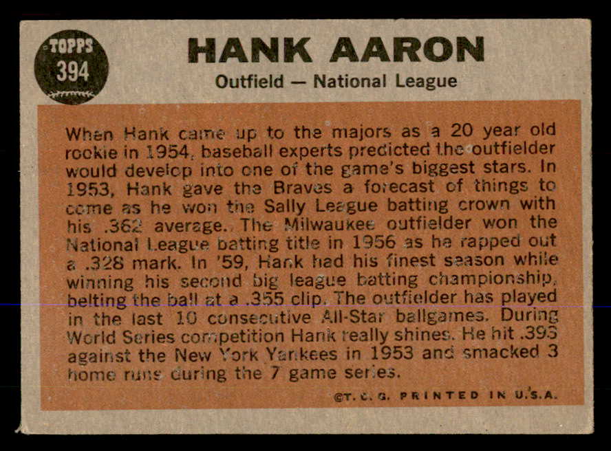 1962 Topps Baseball #394 Hank Aaron A.S. Braves VG-EX 548049