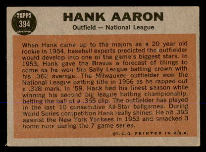 1962 Topps Baseball #394 Hank Aaron A.S. Braves VG-EX 548049