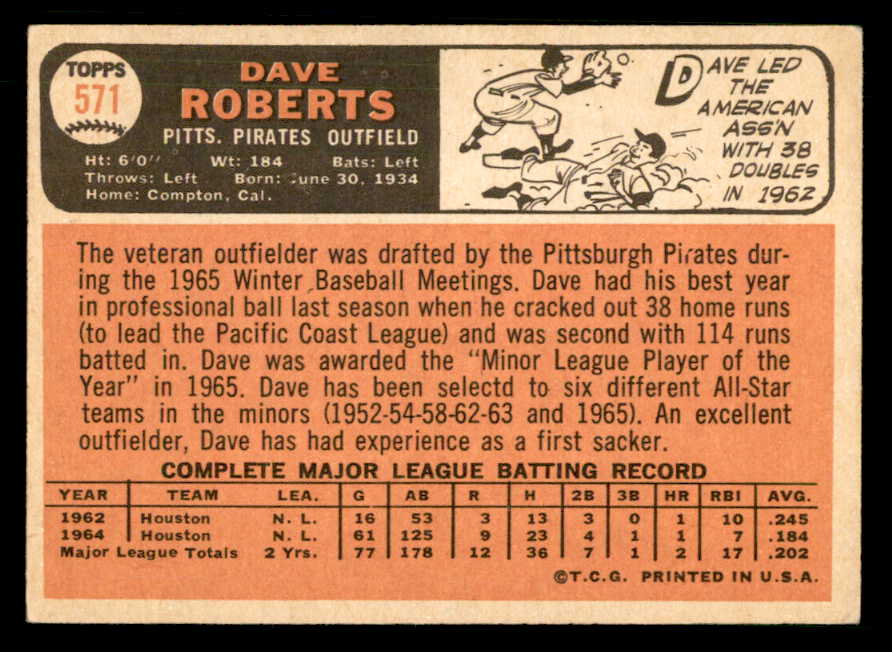 1966 Topps Baseball #571 Dave Roberts Pirates VG-EX 548133