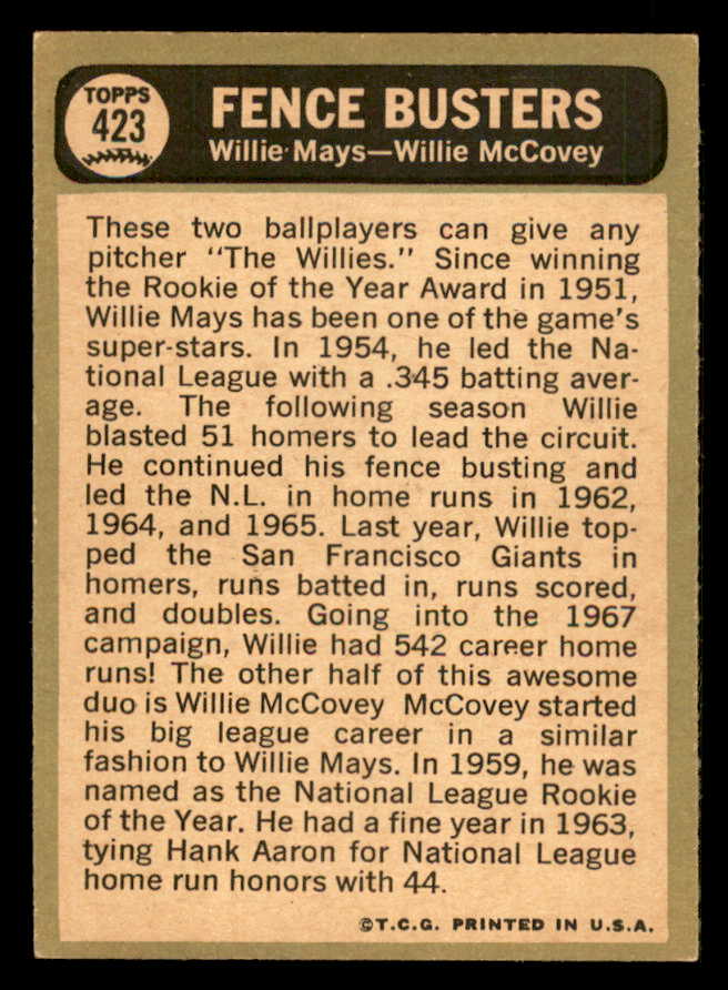 1967 Topps Baseball #423 Willie Mays Willie McCovey EX-MT 548192