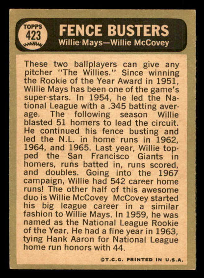 1967 Topps Baseball #423 Willie Mays Willie McCovey EX-MT 548192