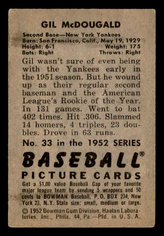 1952 Bowman Baseball #033 Gil McDougald Yankees VG-EX 548220