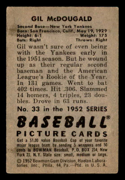 1952 Bowman Baseball #033 Gil McDougald Yankees VG-EX 548220