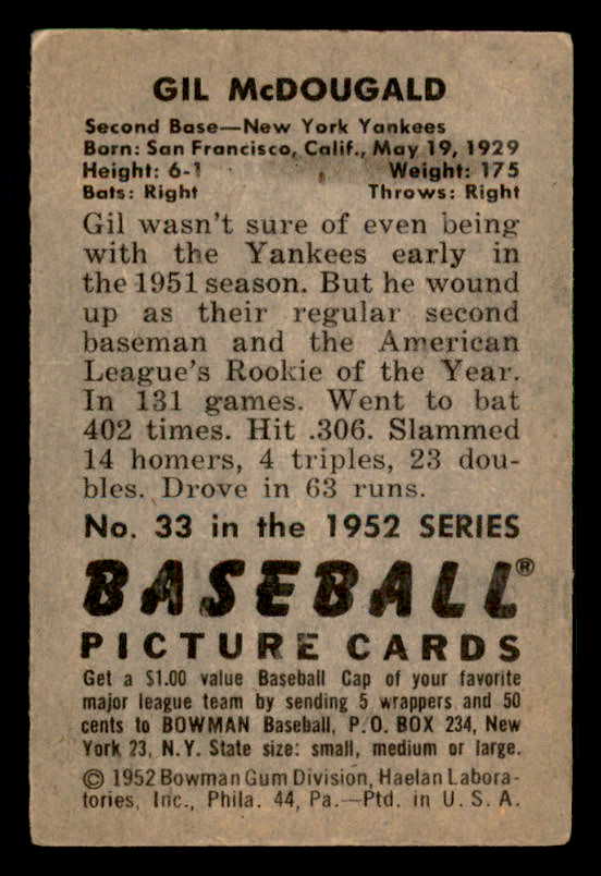 1952 Bowman Baseball #033 Gil McDougald Yankees VG-EX 548225