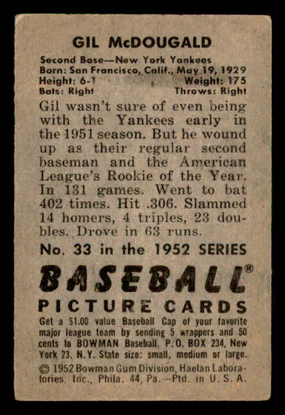 1952 Bowman Baseball #033 Gil McDougald Yankees VG-EX 548225