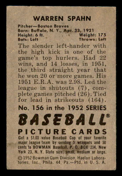 1952 Bowman Baseball #156 Warren Spahn Braves VG-EX 548226